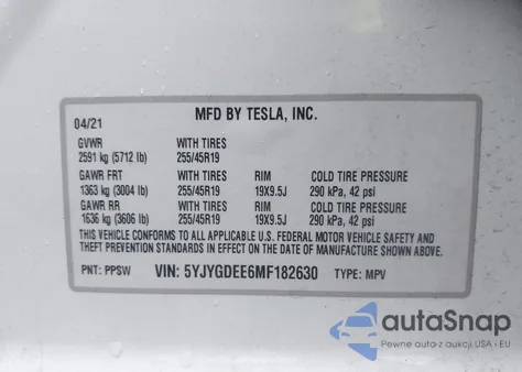 2021 Tesla Model Y Long Range Dual Motor All-Wheel Drive из США, поврежденный, VIN 5YJYGDEE6MF182630